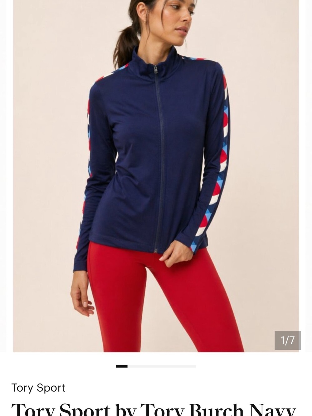 Tory Sport Navy Zip-Up Jacket with Red and Blue Geometric Sleeve Trim